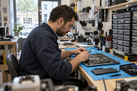 Technicien inspectant un ordinateur portable ouvert sur son établi.
