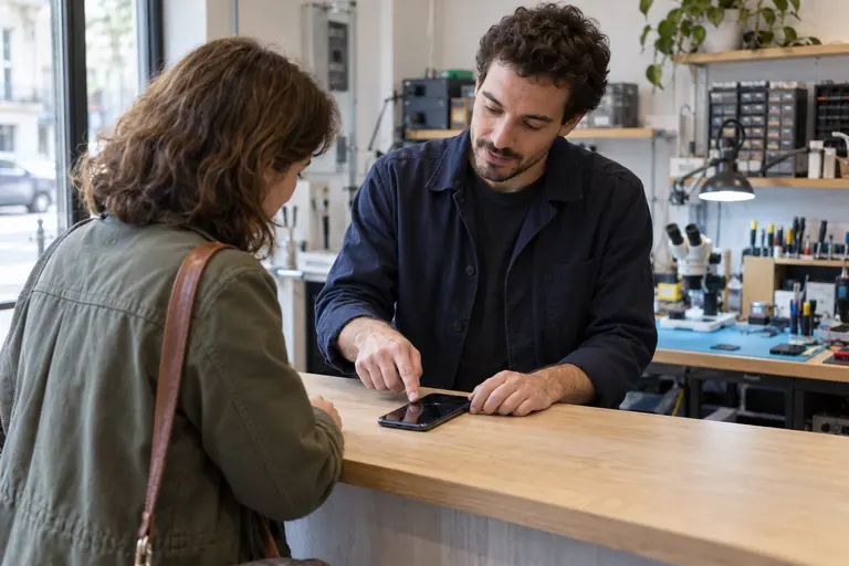 Réparateur expliquant une intervention à un client au comptoir.